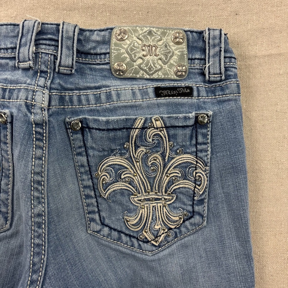 Miss Me Bootcut Jeans Womens 30 Blue Fleur De Lis Rhinestone Embellished